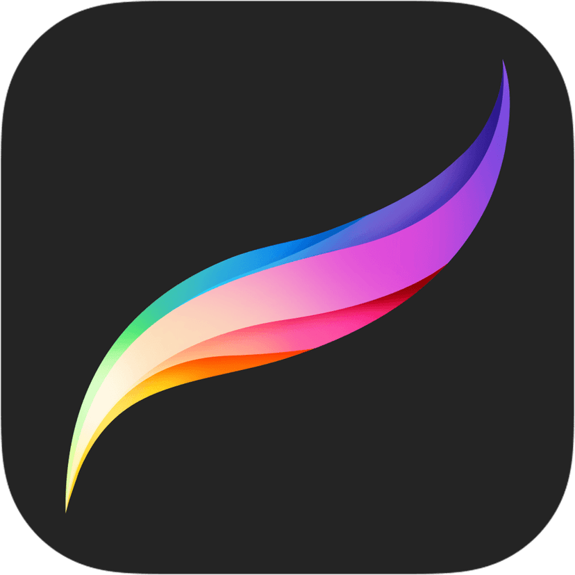 Procreate logo icon sits atop a vibrant rainbow brushstroke with visible paint textures and saturated colors.
