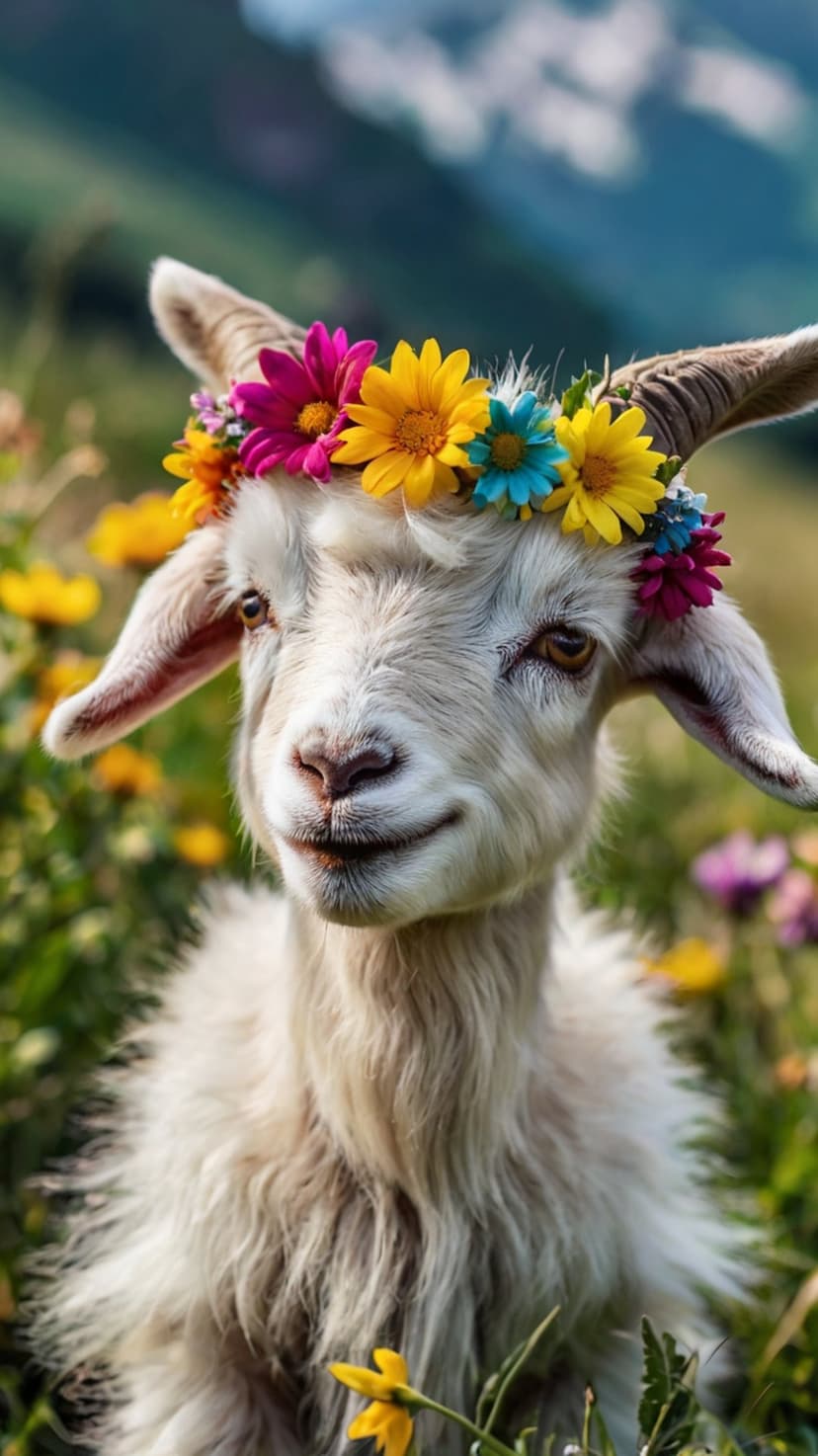 White goat wearing a colorful daisy crown stands in a sunlit meadow with mountains in the soft-focus background.
