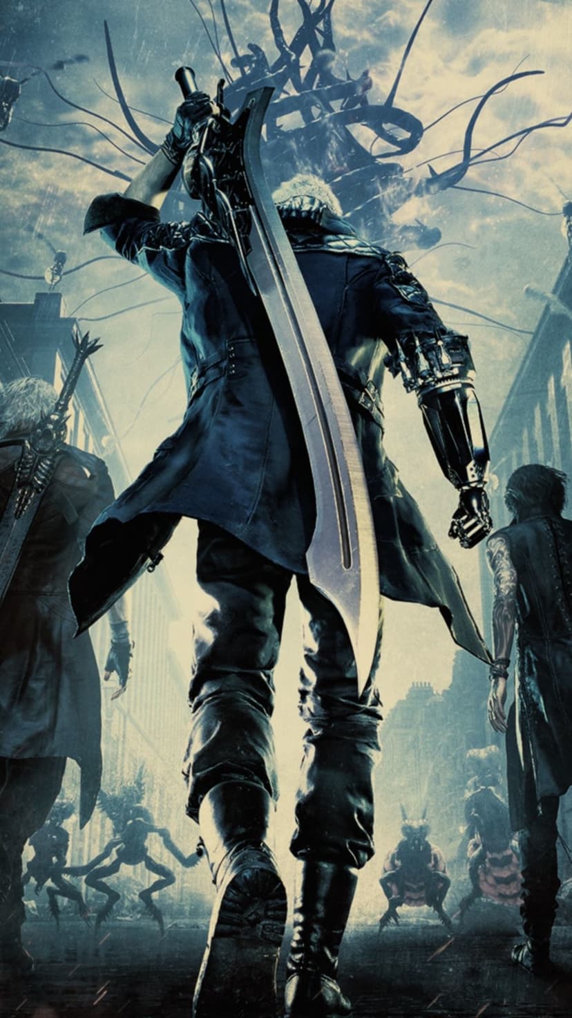 Nero holds a massive sword while walking toward a giant tentacled demon in a dark, ruined city environment.