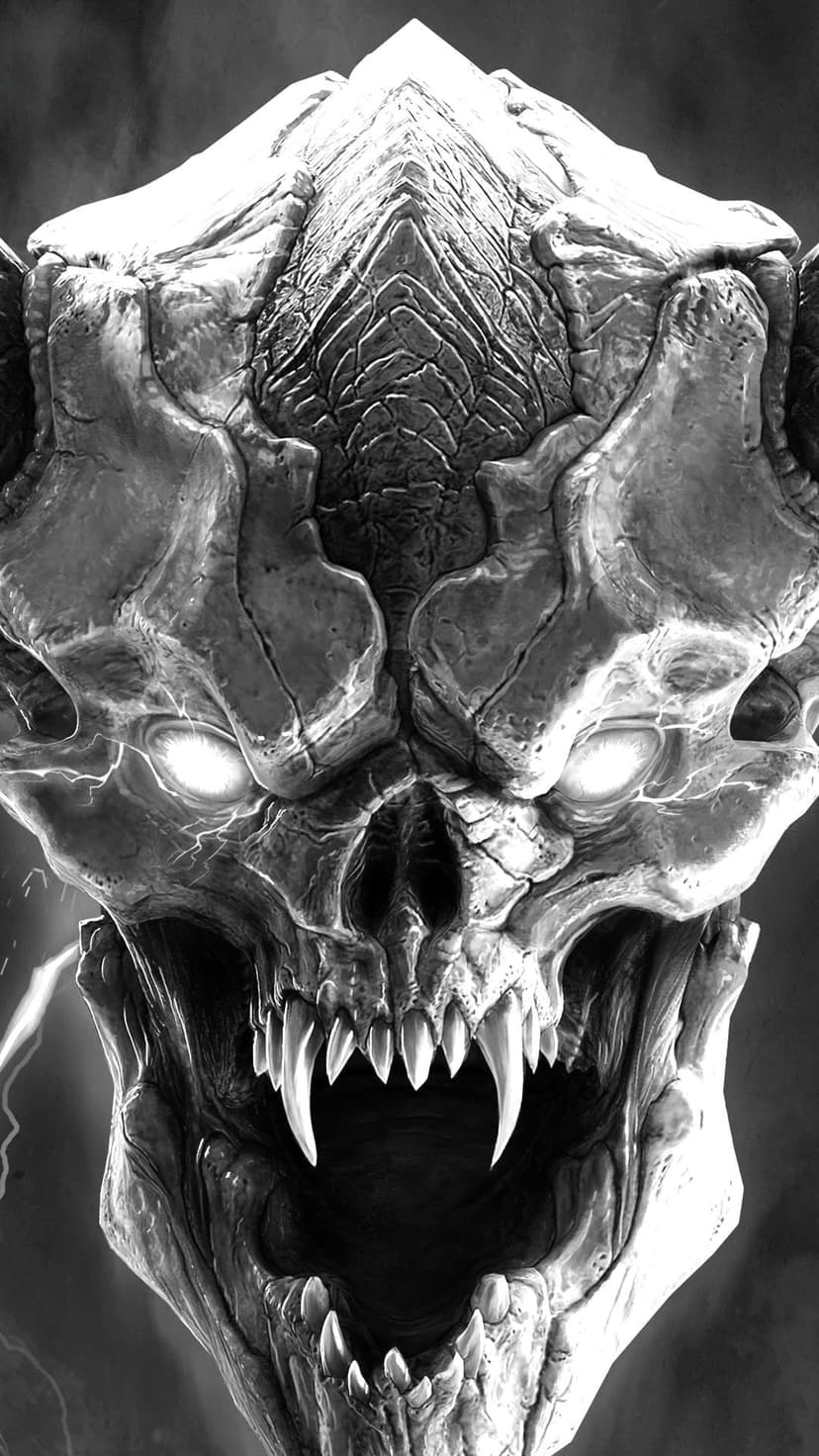 Skeletal creature with curved horns, glowing white eyes, and sharp fangs amidst a stormy lightning background.