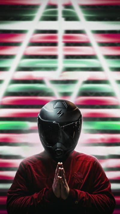 Motorcyclist in black helmet prays against neon backdrop