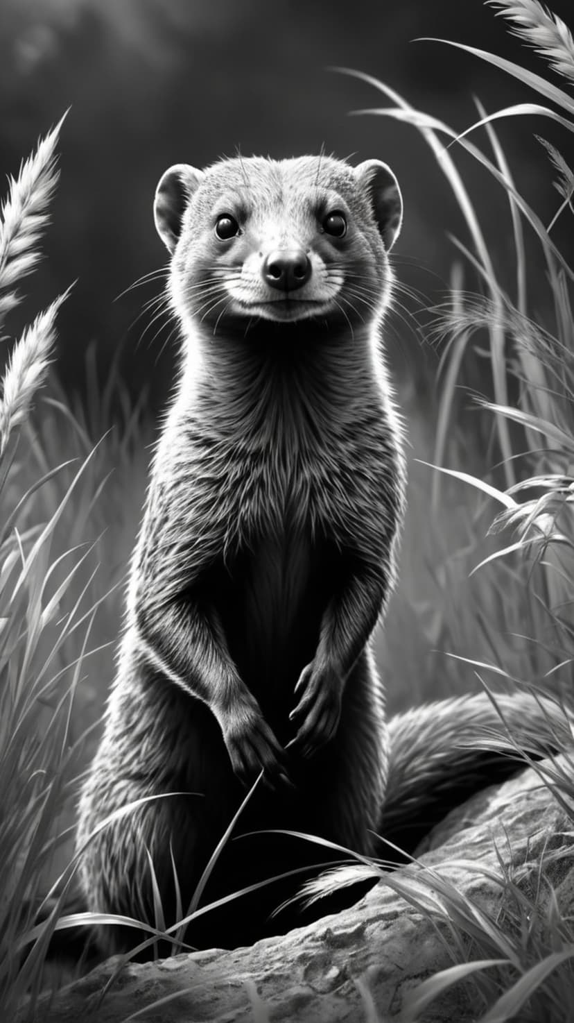 Mongoose standing upright in tall grass with an alert expression, captured in a detailed monochrome portrait.