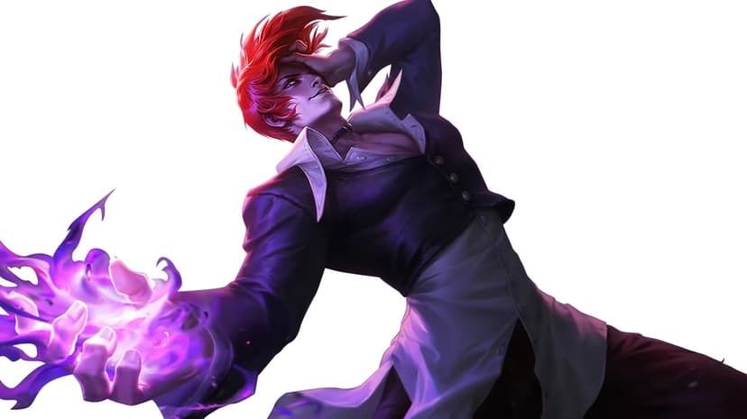 Character with red hair summoning a purple flame in a dramatic pose against a white background for desktop use.