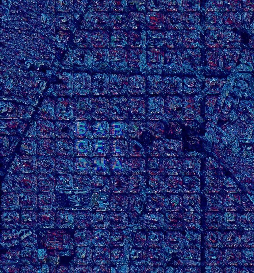 Barcelona city street grid rendered in deep blue with fragmented red accents and distorted block letters.
