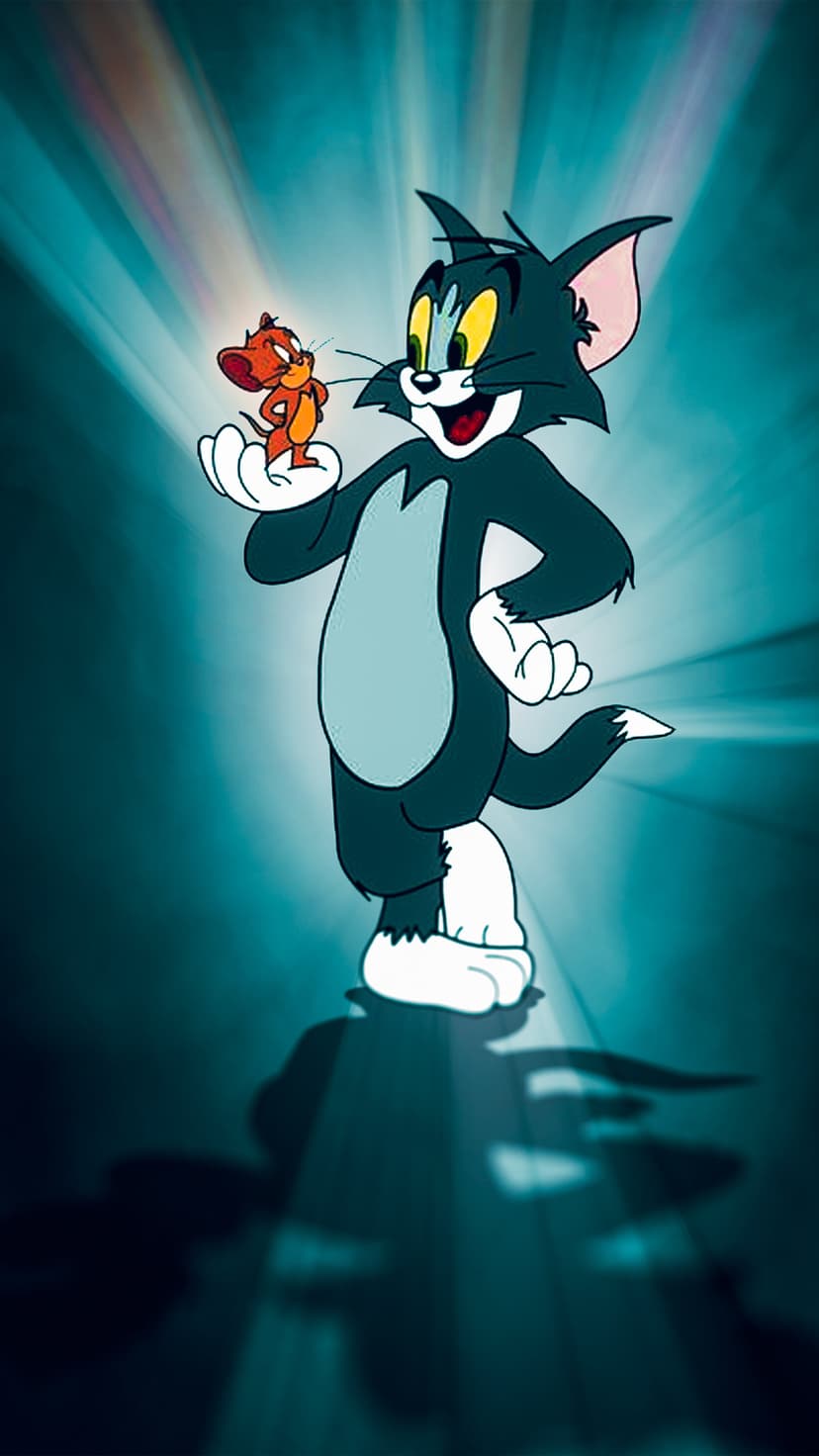 Tom the cat holds Jerry the mouse in his palm under glowing blue light beams against a dark backdrop.