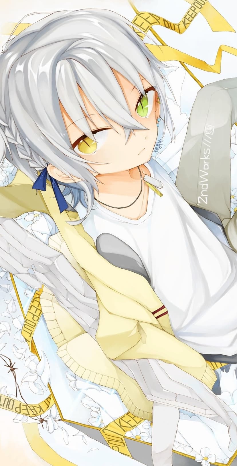 Silver haired boy with heterochromatic eyes and white angel wings winks while wearing a yellow sweater and flowers.