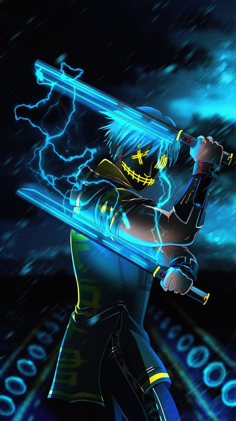 Masked warrior with glowing blue eyes holds crackling lightning swords in a dark, rainy urban setting.