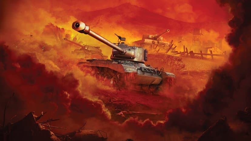 Heavy tank emerging from red smoke and fire on a chaotic battlefield with mountains in the background.