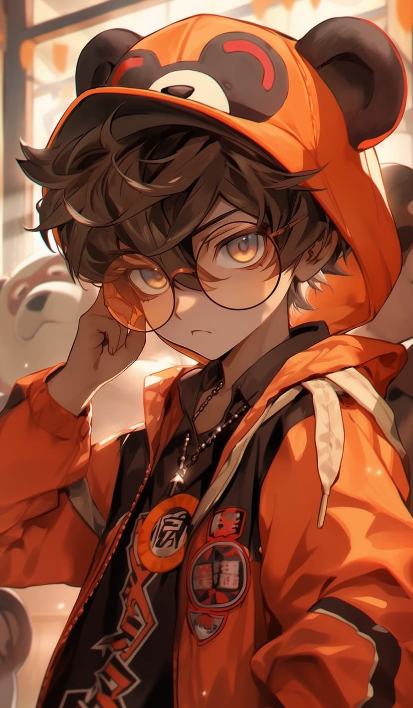 Young man with messy brown hair wears round orange glasses and a hooded sweatshirt with a bear embroidery.