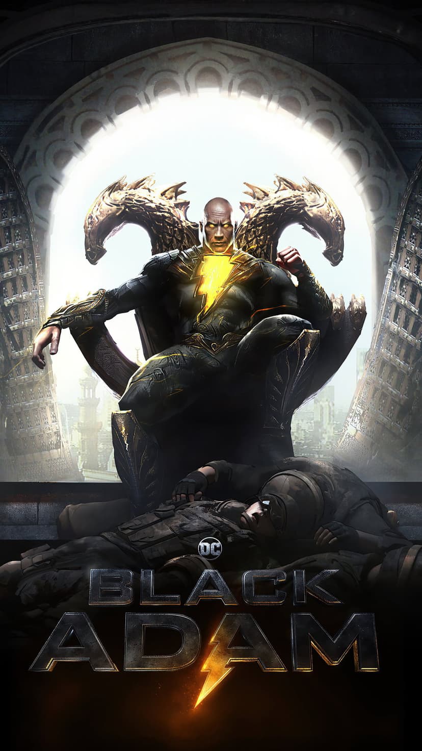 Black Adam sits on a stone throne above fallen enemies wearing a gold and black suit with a glowing emblem.