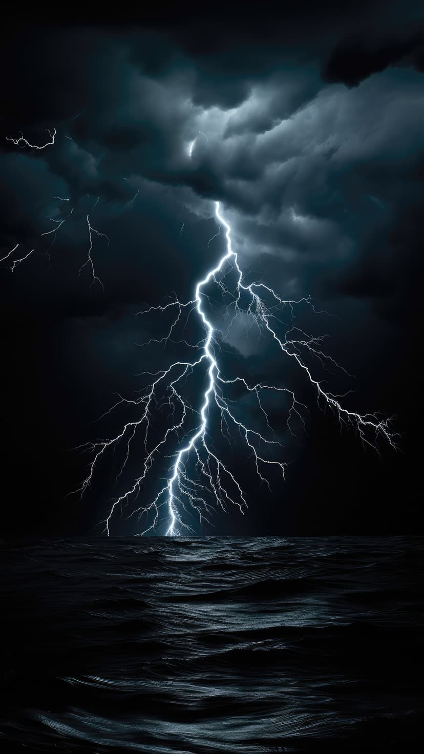 A massive blue-white lightning bolt strikes a choppy, dark ocean surface beneath heavy storm clouds at night.