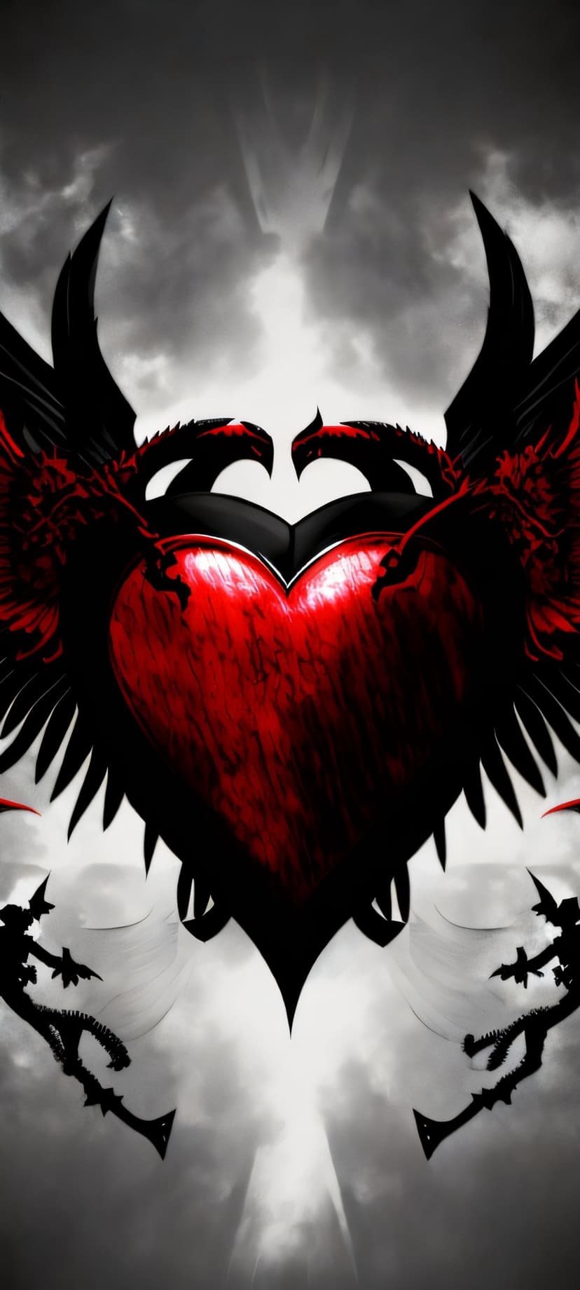 Crimson heart with black feathered wings flanked by spindly dark figures under a cloudy sky with light rays.