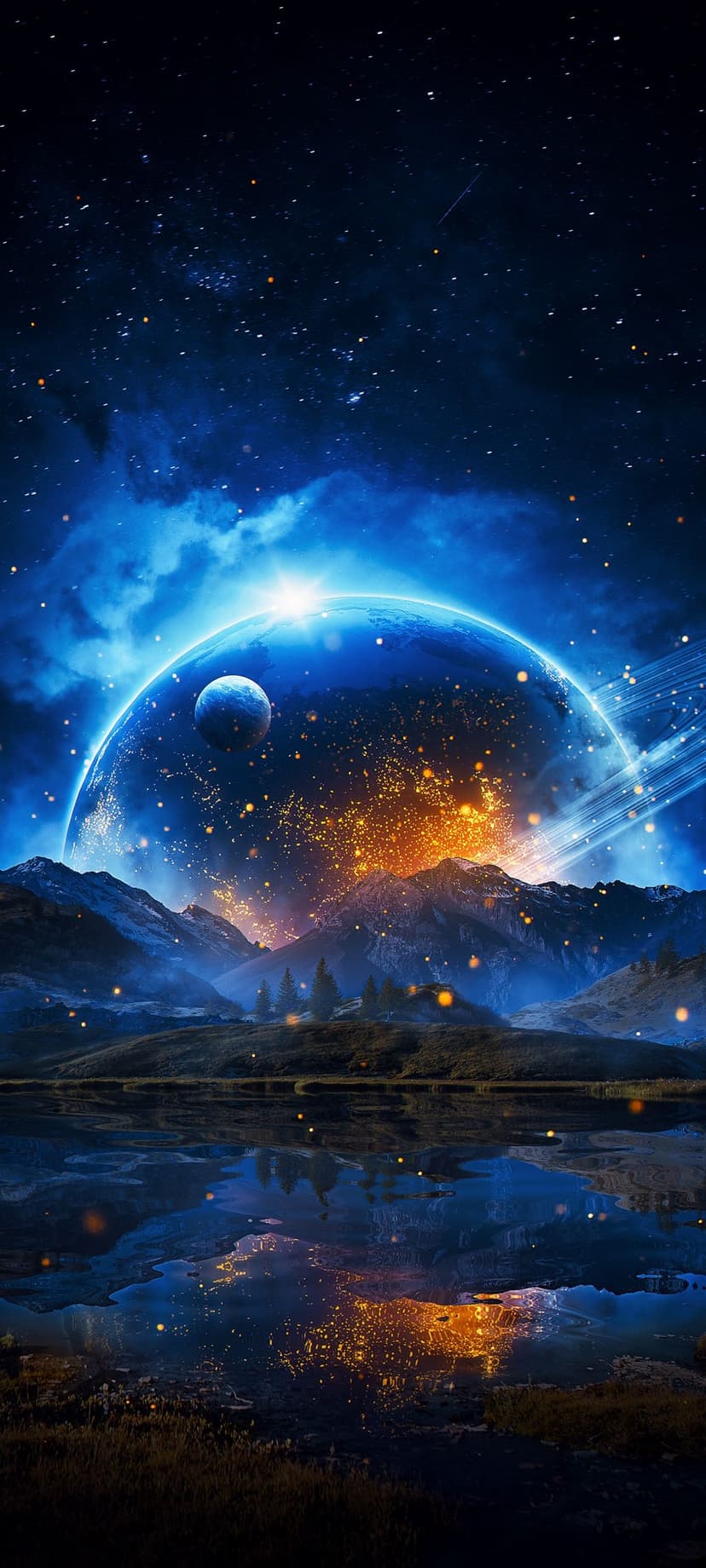 Luminous golden city on a blue planet reflected in a calm lake under a starry night sky with jagged mountains.