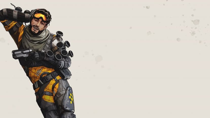 Mirage from Apex Legends leaning back with a smile, wearing yellow goggles and tactical gear on a beige background.