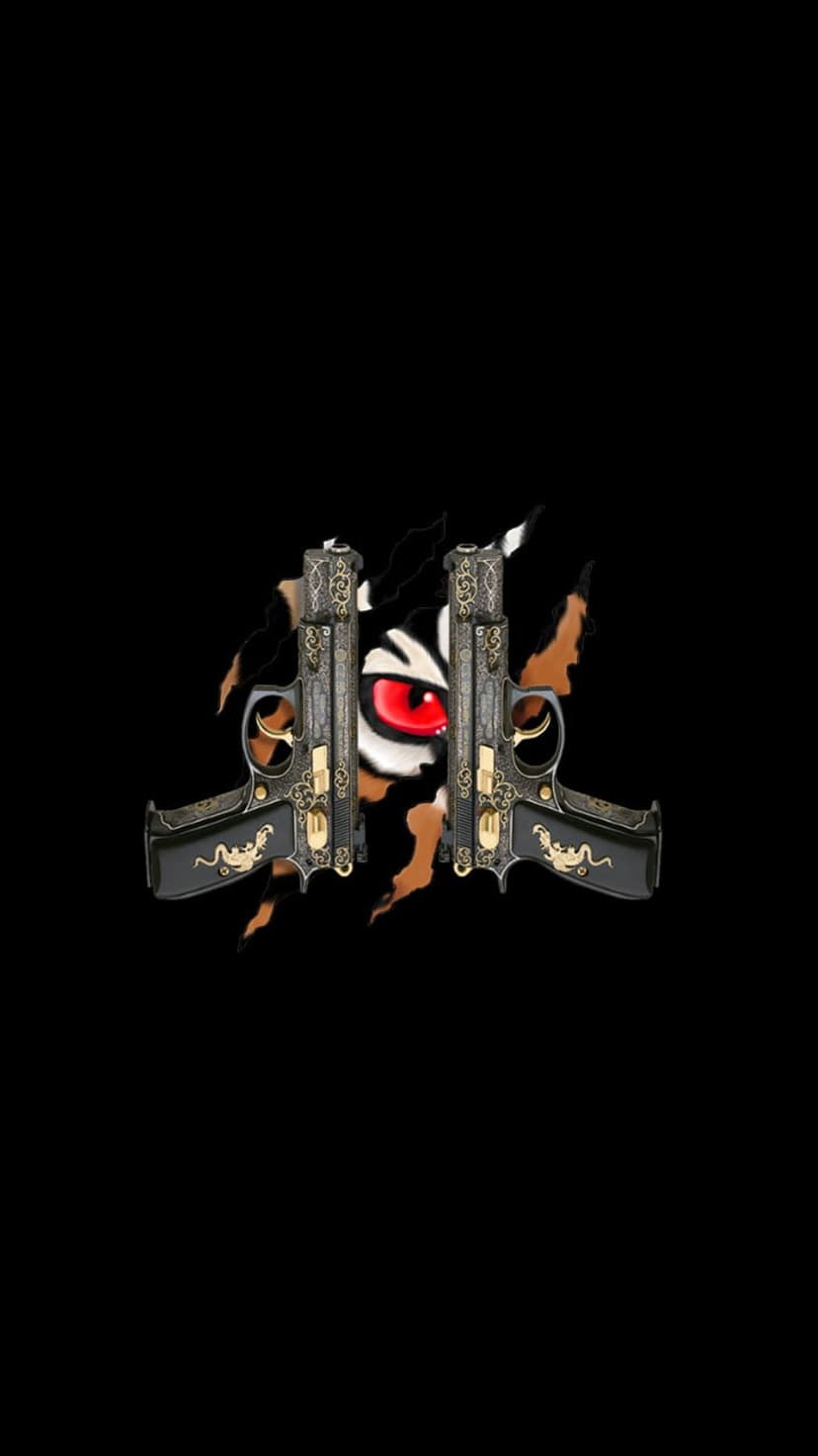 Symmetrical gold engraved pistols frame a glowing red eye peering through a jagged tear on a black background.