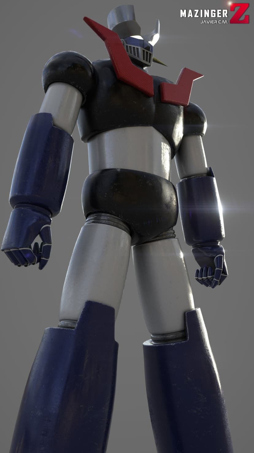 Mazinger Z mecha robot standing in a low-angle view with weathered blue and black metallic armor plating.