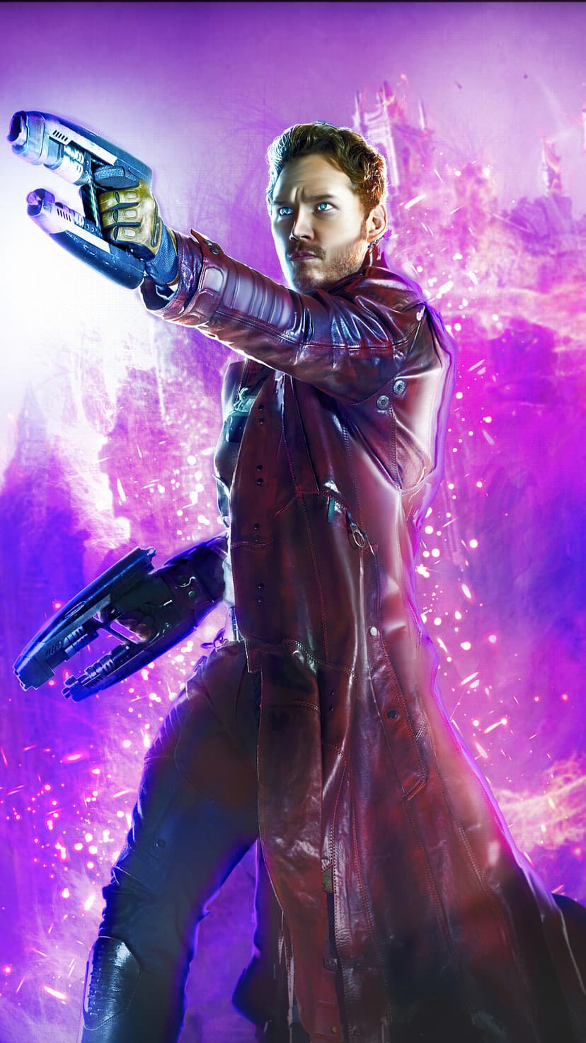 Star-Lord aims dual blasters while wearing a red coat amidst a swirling purple and pink cosmic nebula with sparks.