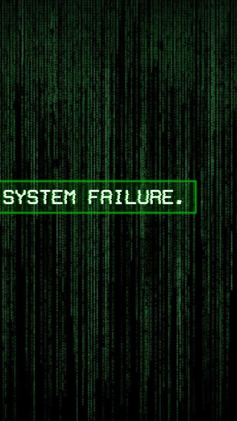 Luminous green code cascades down a dark screen behind distorted text reading System Failure in a glitch style.