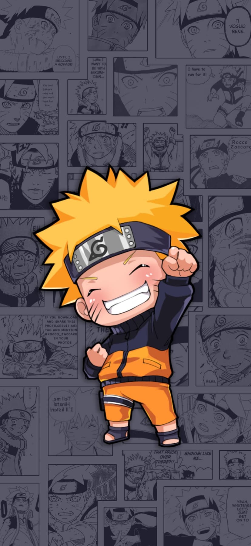 Naruto Uzumaki in chibi form stands before a black and white collage of classic comic book manga panels.