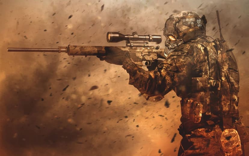 Soldier in skull helmet with glowing eyes aims a sniper rifle amidst swirling dust and debris in a wasteland.