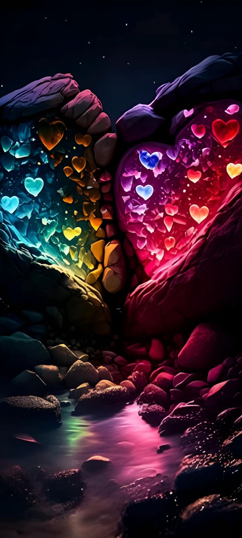 Heart-shaped glowing stones line a reflective river bank under a dense field of stars in a dark canyon.