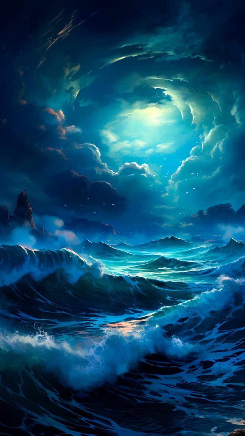 Turbulent ocean waves crash under a luminous celestial sky with a distant silhouetted castle on a dark cliff.