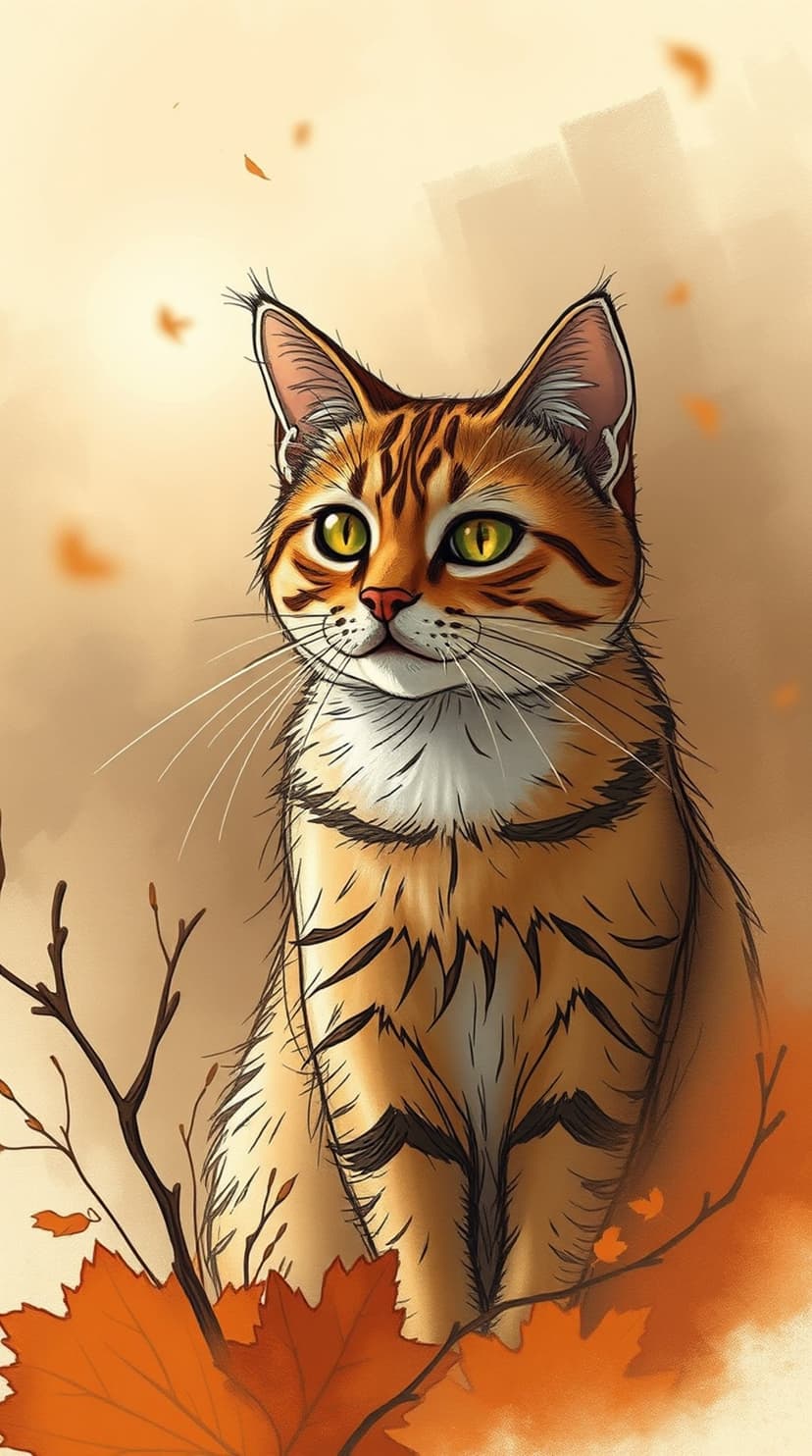 Ginger tabby cat with green eyes sits among orange autumn leaves and bare branches in a soft seasonal setting.