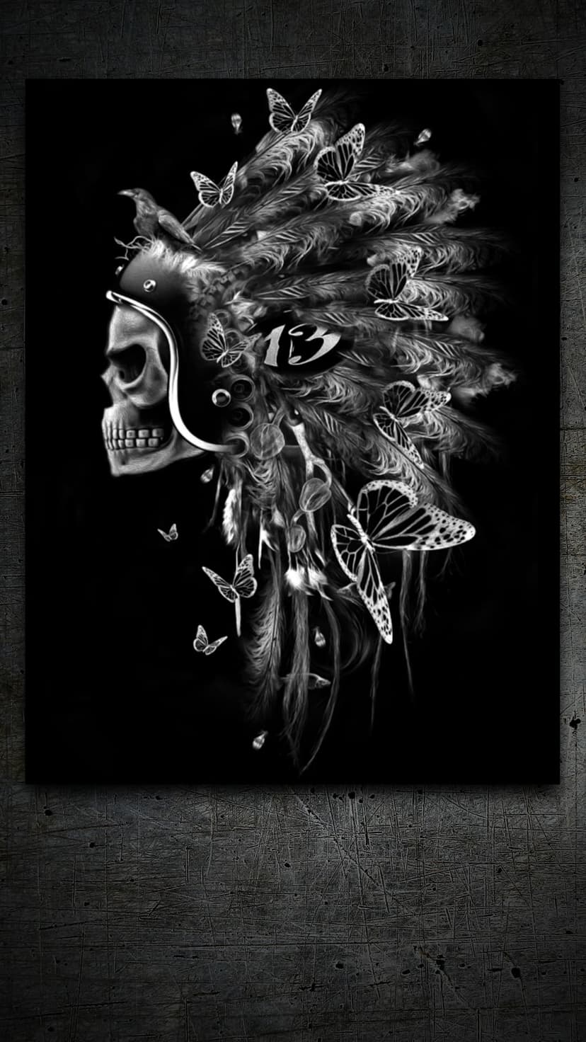 Human skull decorated with ornate feathers and small butterflies centered against a deep solid black background.