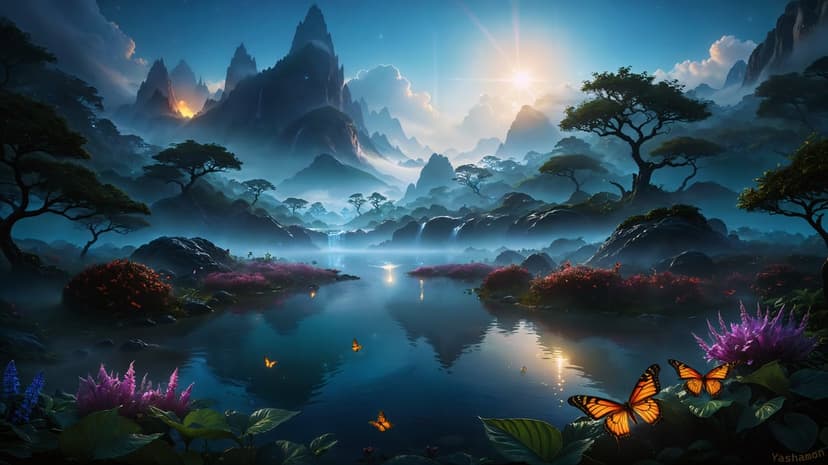 Reflective lake landscape with lush green trees under atmospheric morning light in a high-resolution digital style.