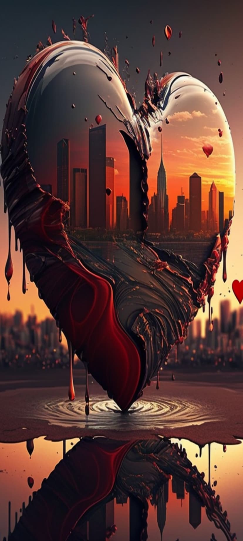 Red melting heart reflecting a skyscraper cityscape at sunset while dripping onto a rippling dark surface.