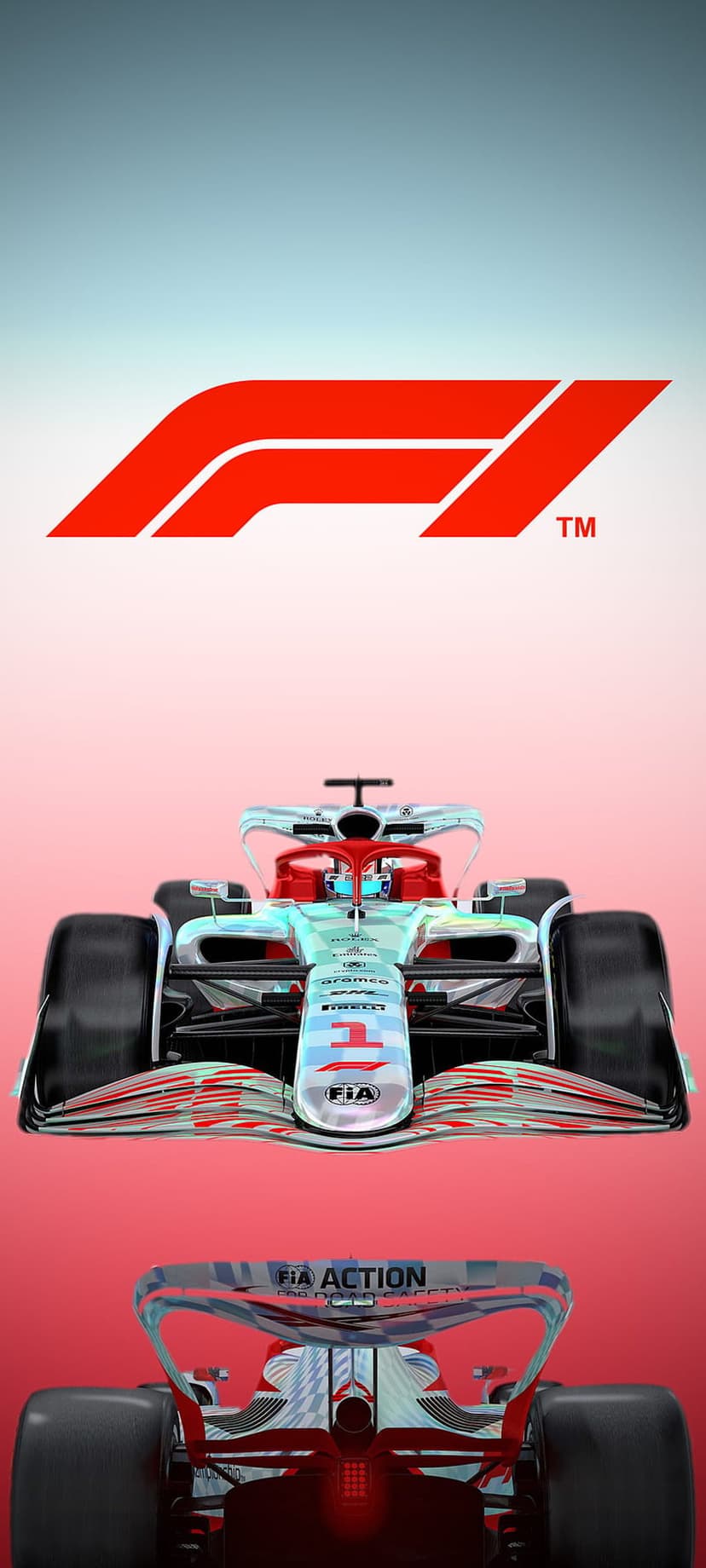 Formula 1 car shown from front and rear views against a red and blue gradient backdrop with the F1 logo.