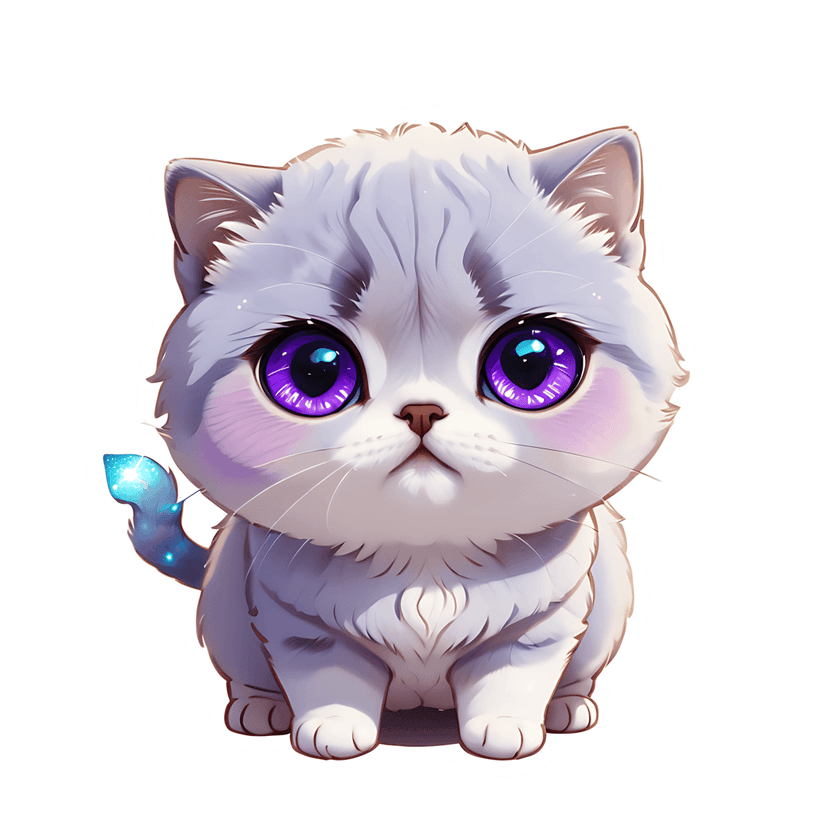 White kitten sticker with iridescent purple eyes features a glowing blue tail and soft fluffy fur textures.