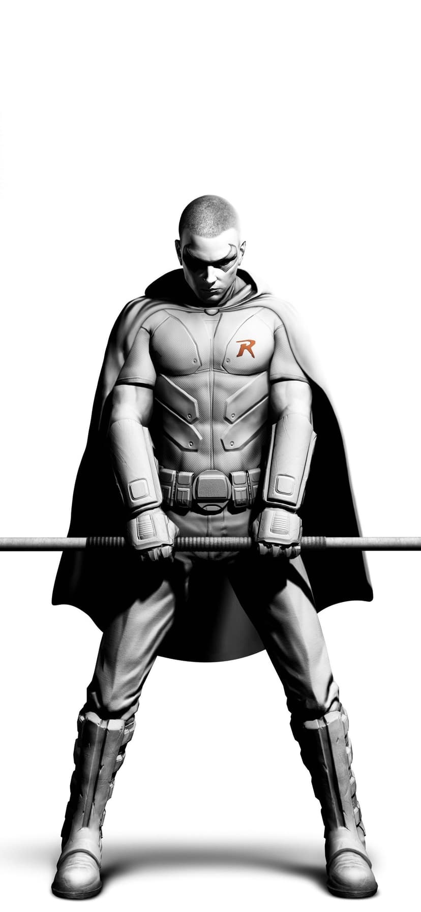 Robin from Arkham City in tactical armor holding a bo staff against a plain white background.