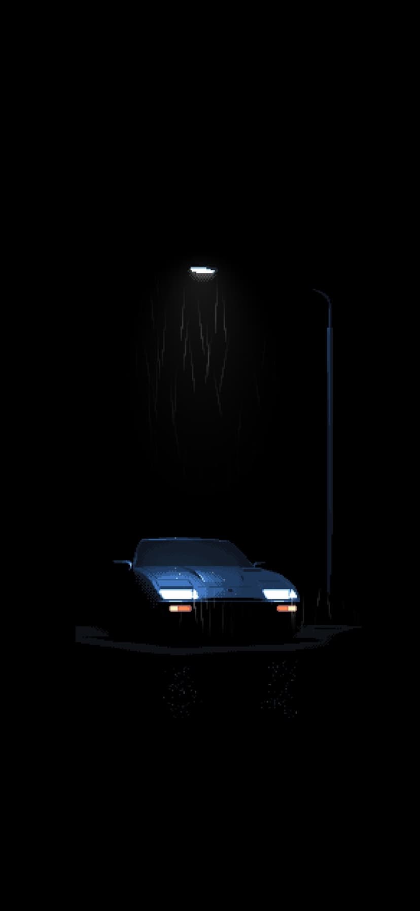 Blue car parked under a modern street lamp on a wet asphalt road at night with glowing headlights and rain drops.