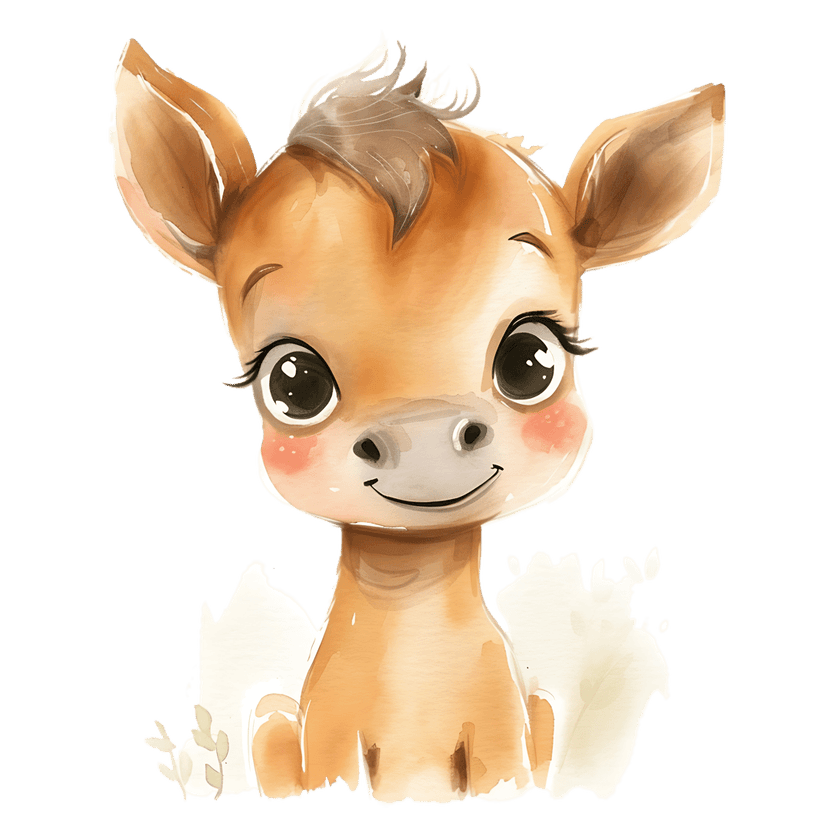 Baby horse watercolor with large eyes and rosy cheeks painted on a dark background in a profile view illustration.