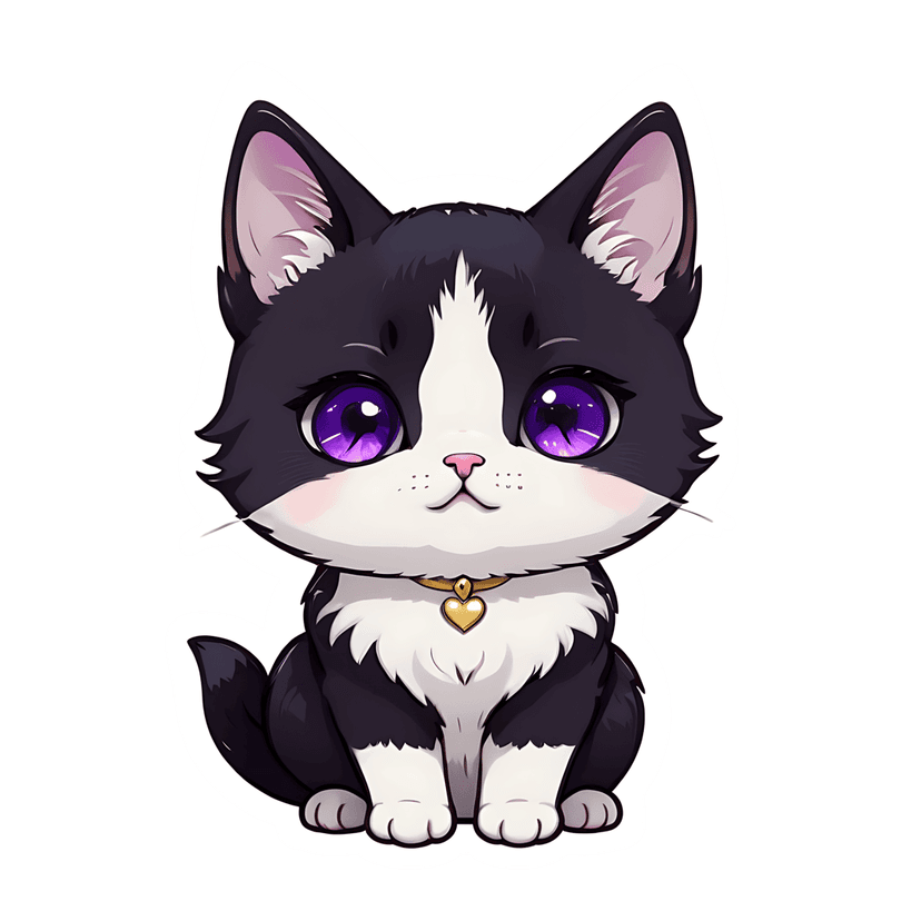 Tuxedo kitten sticker features a black and white cat with large purple eyes and a gold heart pendant collar.