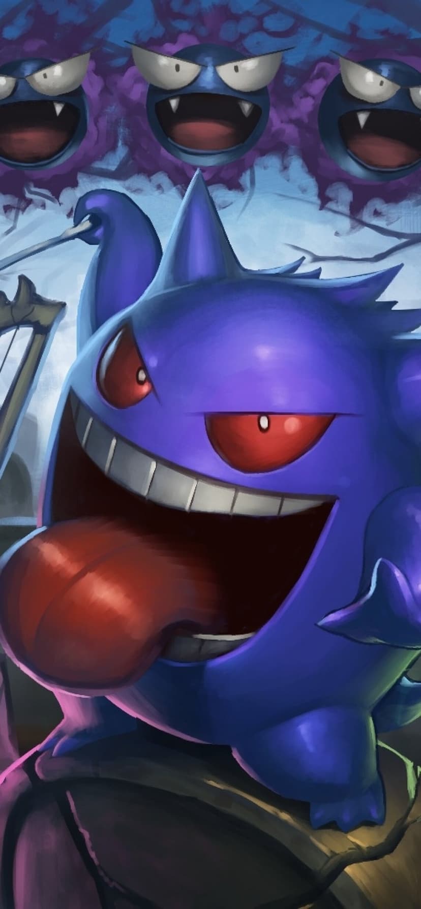 Purple Gengar with a long red tongue out and three Gastly floating in a dark misty forest setting.