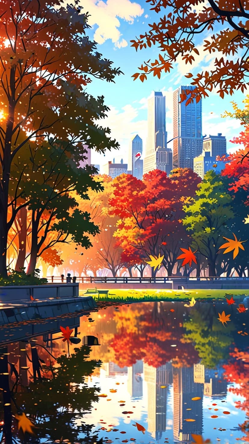 Red and orange autumn trees reflect in a calm pond with distant skyscrapers and white clouds in a bright blue sky.