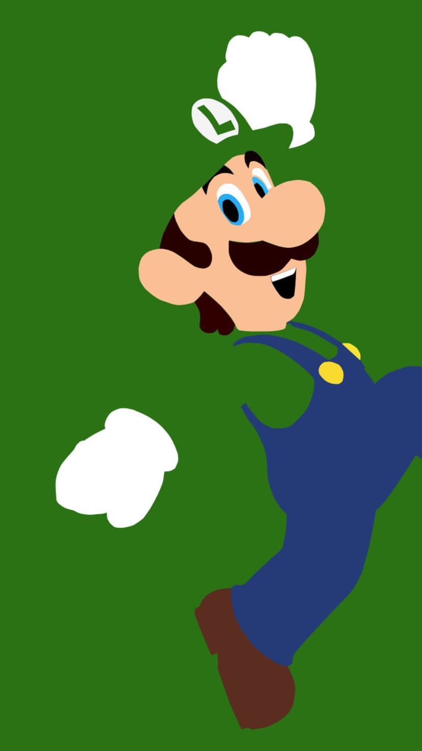 Luigi with a brown mustache, blue eyes, and white gloves stands against a solid green background in portrait view.