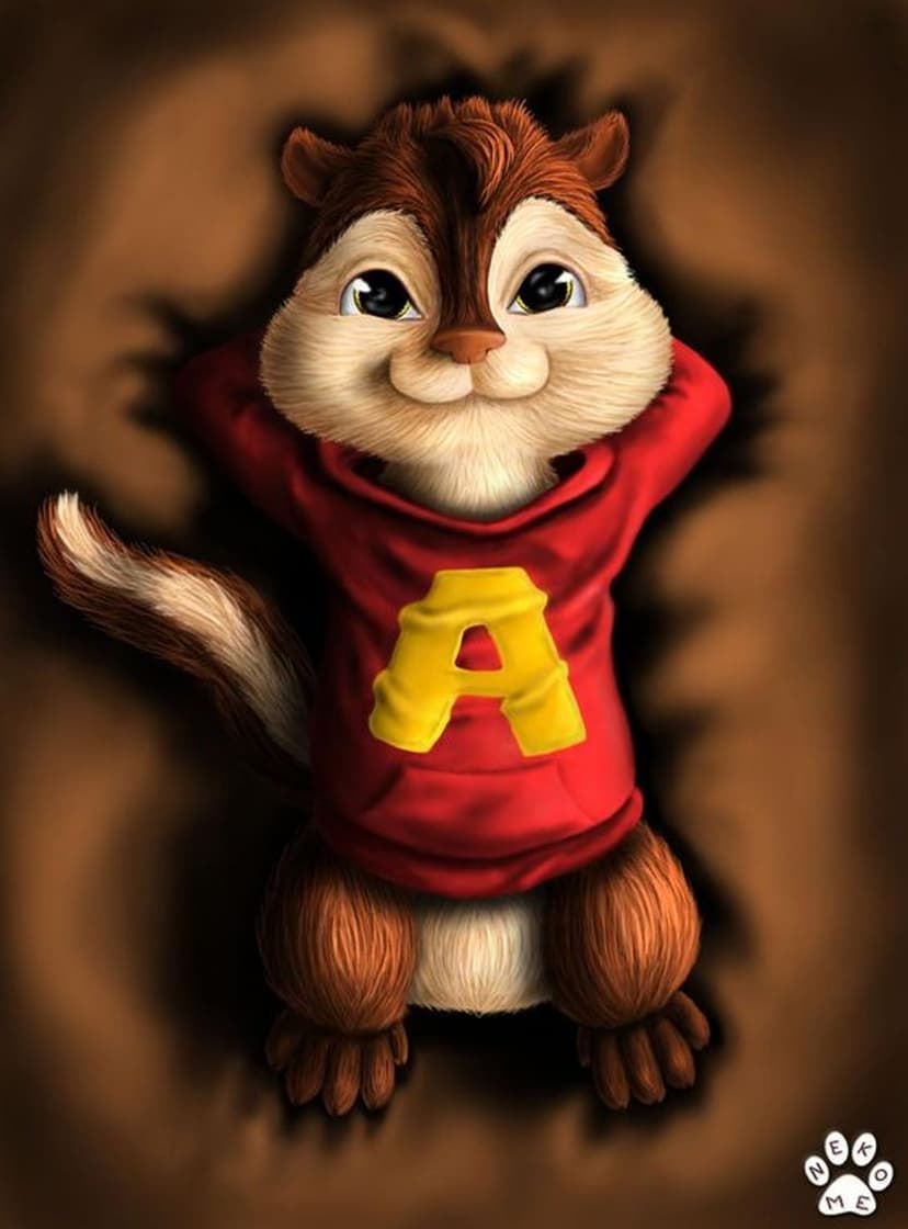 Alvin the chipmunk wearing a red letter A hoodie lounging against a dark, warm background with a cheerful look.