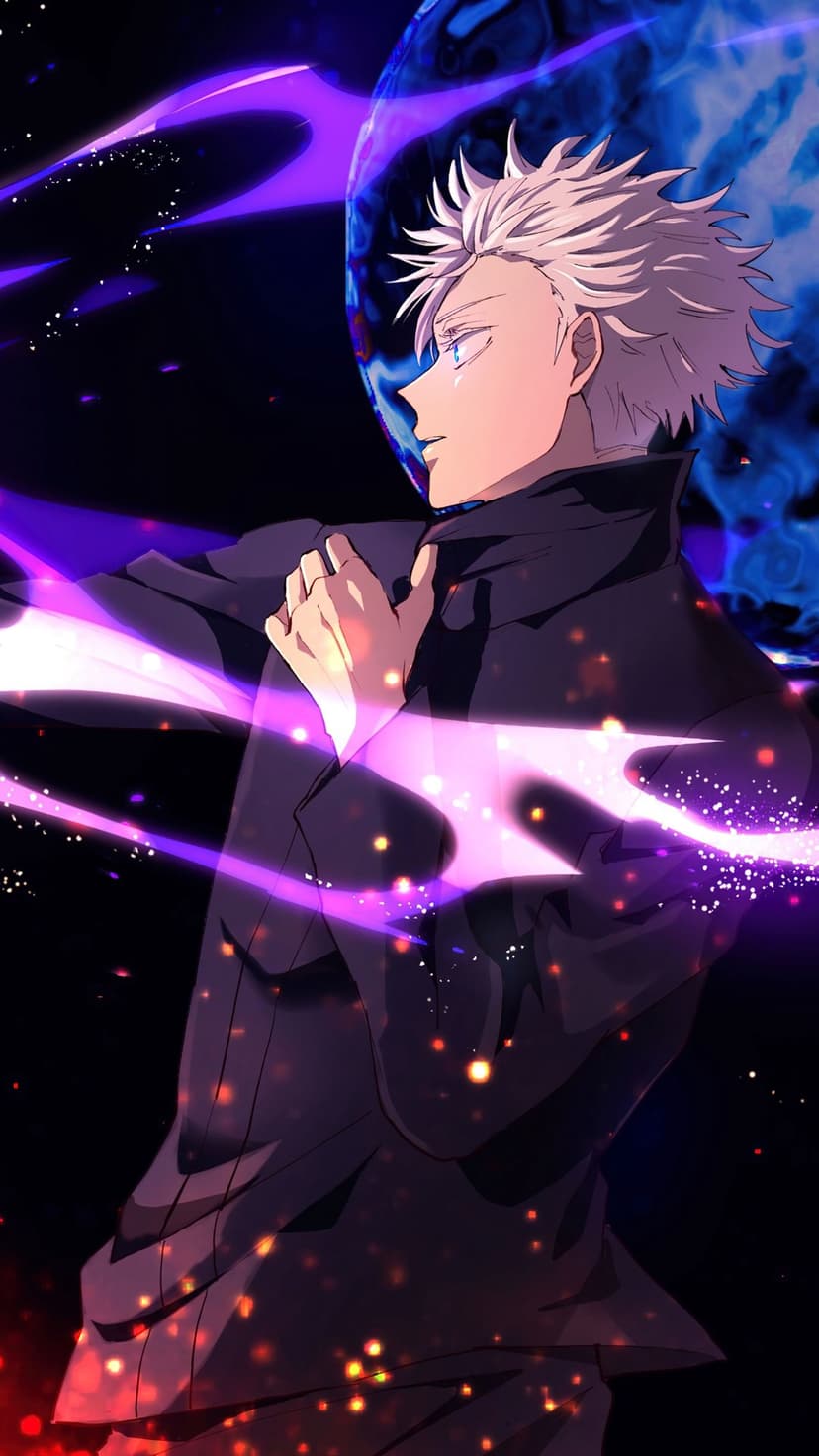 Gojo Satoru with glowing blue eyes and white hair stands amidst swirling purple energy and dark floating orbs.
