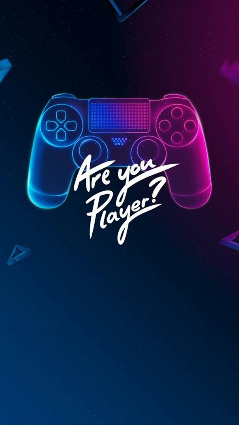 Glowing neon gaming controller with white script text against a dark starry background for mobile screens.