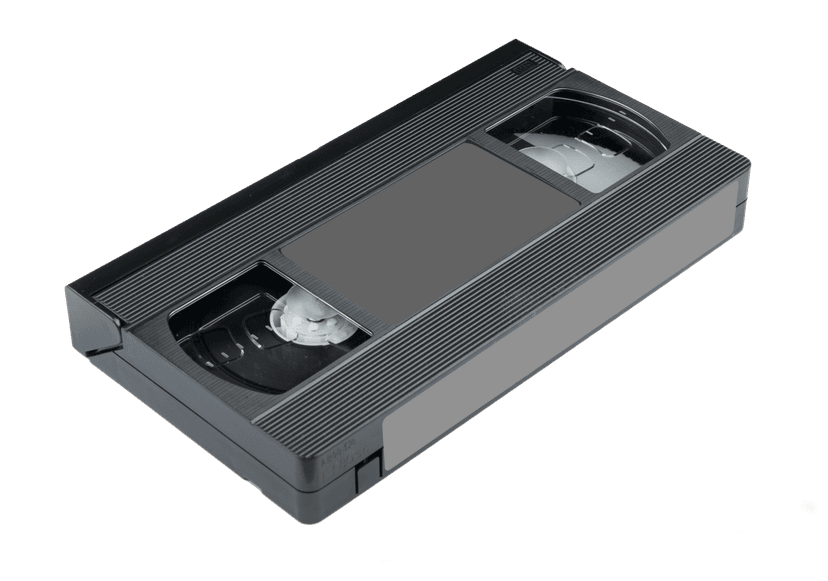 Black VHS cassette tape with visible internal spools centered on a solid matte green background for mobile.