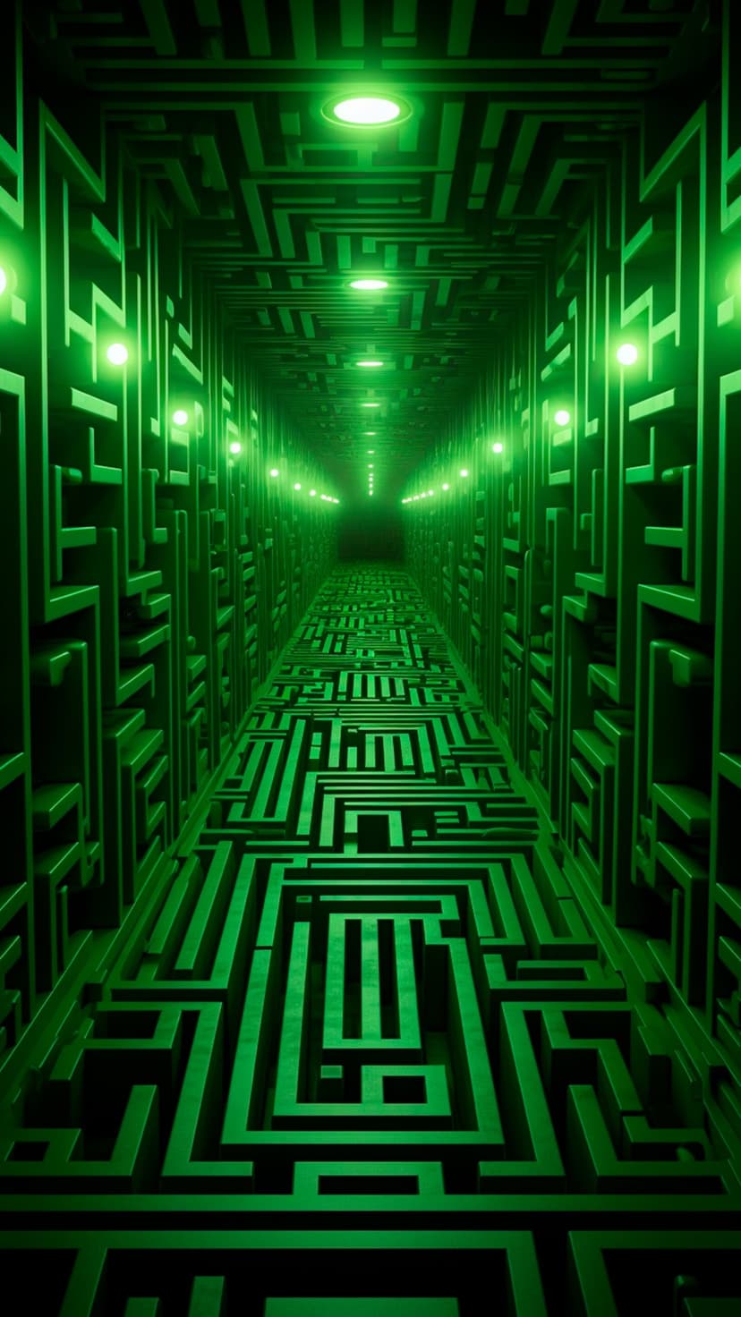 Glowing green maze patterns line the walls and floor of a dark, vanishing futuristic corridor with neon lights.