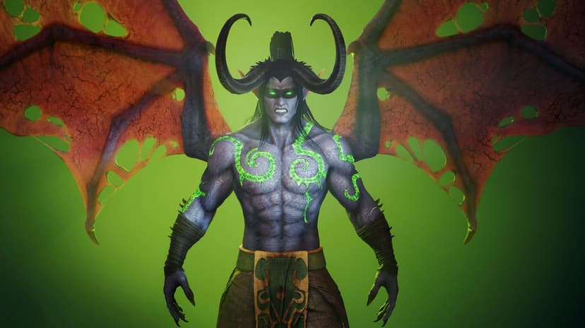 Illidan Stormrage with large demon wings and glowing green tattoos against a vibrant green background.