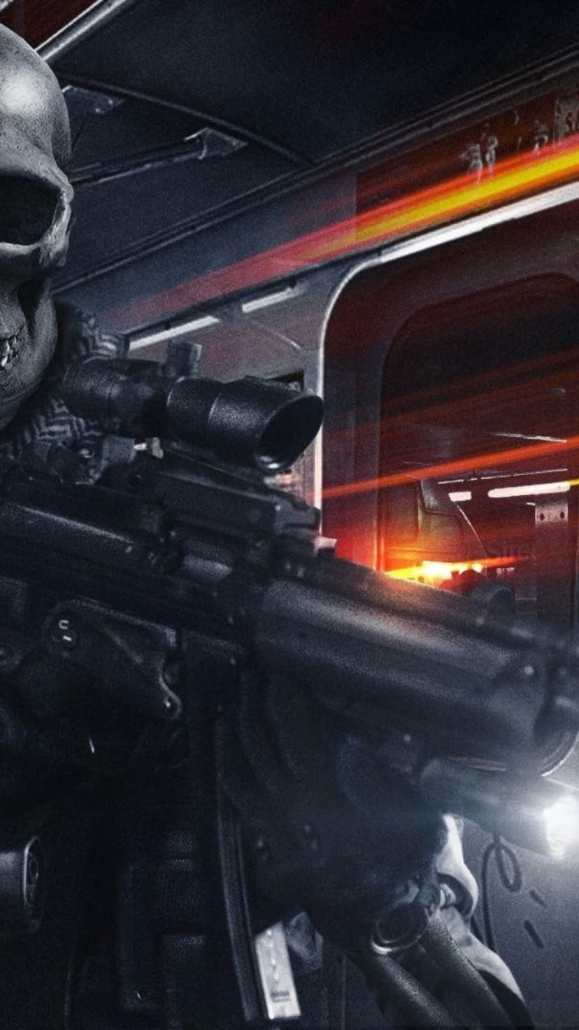 Soldier wearing a skull mask holds a scoped rifle in a dark corridor with glowing red and orange light streaks.