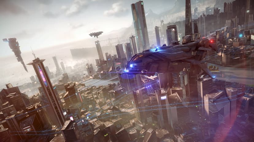 Large military VTOL aircraft flying over a futuristic city with neon skyscrapers and hazy sunlight.