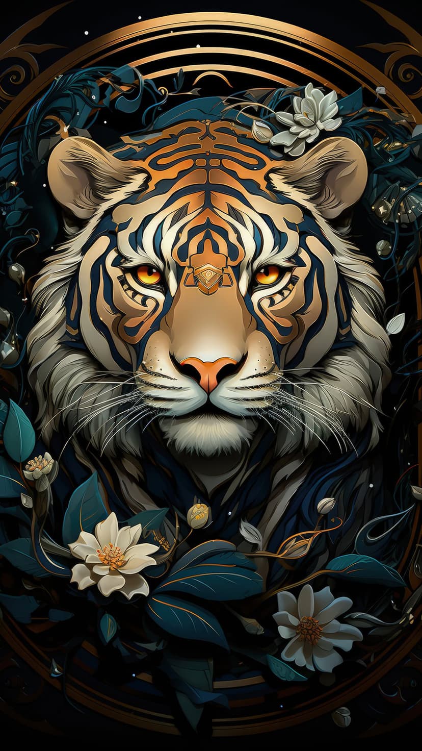 Tiger face with glowing amber eyes is framed by white flowers and gold specks against a dark backdrop.