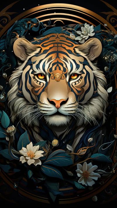 Majestic Tiger Portrait with Floral Accents