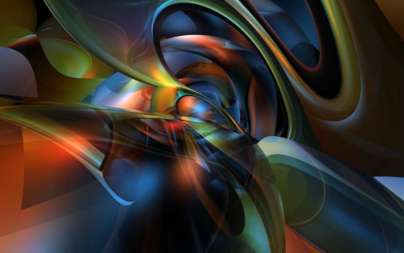 Swirling ribbons of blue, orange, and green fluid intertwine with glossy reflections and deep layered shadows.